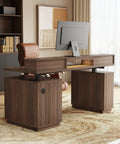 Premium 63 Inch Electric Height Adjustable Standing Desk With Four Drawer Filing Cabinet Built In Monitor Platform Smooth Glide Motor No Sweat Assembly Top Tier Workspace Gear For Busy Pros in a modern office setting.