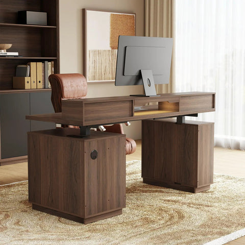 Premium 63 Inch Electric Height Adjustable Standing Desk With Four Drawer Filing Cabinet Built In Monitor Platform Smooth Glide Motor No Sweat Assembly Top Tier Workspace Gear For Busy Pros in a modern office setting.
