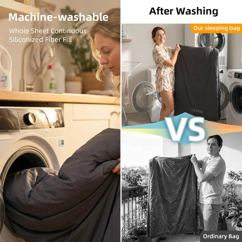 Light As A Feather Ultralight Packable Sleeping Bag for Adults in washing machine showing machine-washable feature