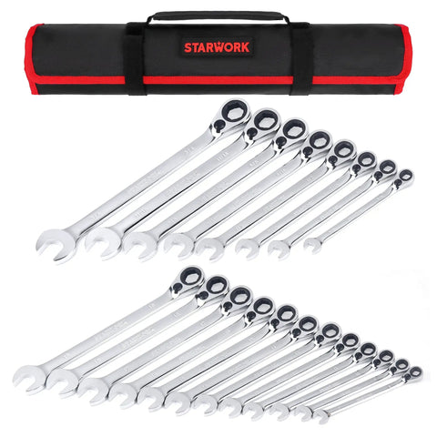 Reversible 20-Piece Ratcheting Wrench Set With Long Pattern, 6-Point Non-Slip Wrenches, 15-Degree Offset, SAE And Metric, shown with roll-up pouch