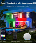 Modern house lit by Portable RGB LED Flood Lights Set With IP66 Waterproof Build 3600LM Output 400W Equivalent Smart App Remote Control.