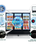 Straight Fire Commercial Display Freezer With Three Glass Doors And Seventy Cubic Feet Storage showing adjustable shelves and digital temperature control.