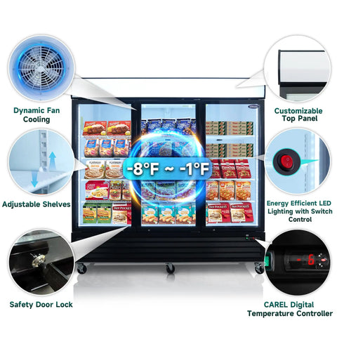 Straight Fire Commercial Display Freezer With Three Glass Doors And Seventy Cubic Feet Storage showing adjustable shelves and digital temperature control.