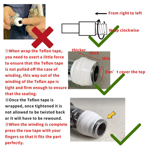 Instructions on wrapping Teflon tape correctly on a pipe fitting for secure sealing and proper application details.