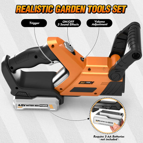 3-In-1 Kids Garden Tools With Lights And Sounds Weed Wacker Toy Leaf Blower Toy And Hedge Trimmer For Realistic Outdoor Pretend Play showing orange and black trimmer with battery slot visible