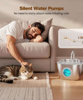 Quiet 5V stainless steel cat water fountain for cats and small pets with leak-proof design shown in cozy living room setting