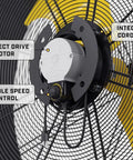 Close-up of EC Direct Drive Motor and Variable Speed Control on the Heavy Duty 42 Inch Portable Barrel Fan, showcasing features.
