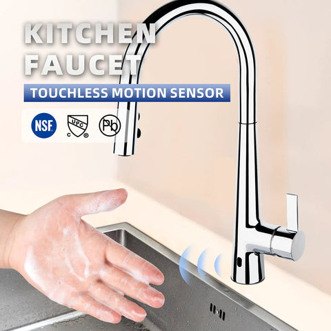 Touchless Kitchen Faucet With Pull Down Sprayer And Motion Sensor Hands Free Tap High Arc Chrome Finish near a sink