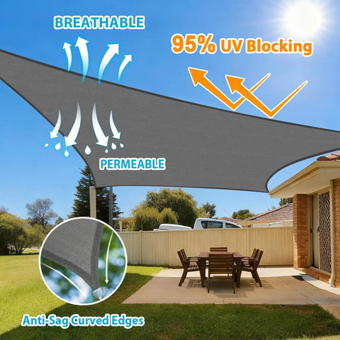 Rectangle Shade Sail 12x20 Foot Dark Gray Outdoor Sun Shade Canopy installed over patio with chairs, UV blocking, breathable HDPE
