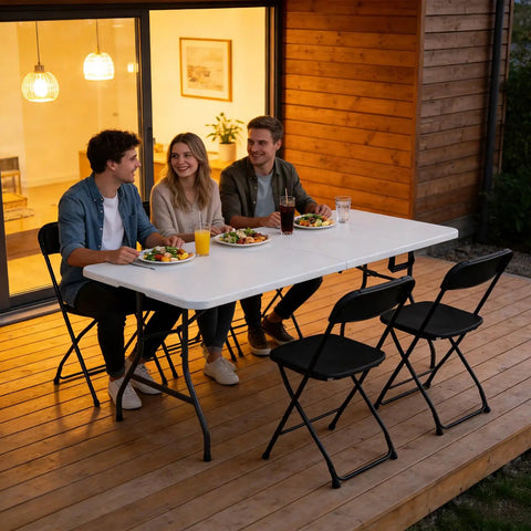 Three people sitting outdoors on a Six Foot Folding Table Portable Picnic Table For Indoor Outdoor Use Heavy Duty Plastic Table