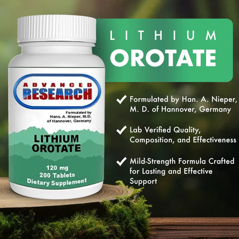 Dr Hans Nieper Lithium Orotate 5mg, 200 Count bottle on table with text highlighting lab-tested, non-GMO features.