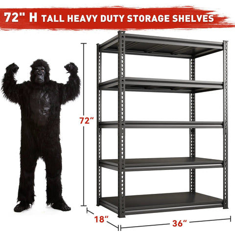 72 Inch High Garage Shelving Unit With 2500 Lbs Total Capacity For Home Garages And Light Commercial Use, Beefy Steel Storage Racks To Stash Tools, Parts, Boxes, Inventory And More. 72-inch black steel 5-tier shelving unit, 36 x 18 inches