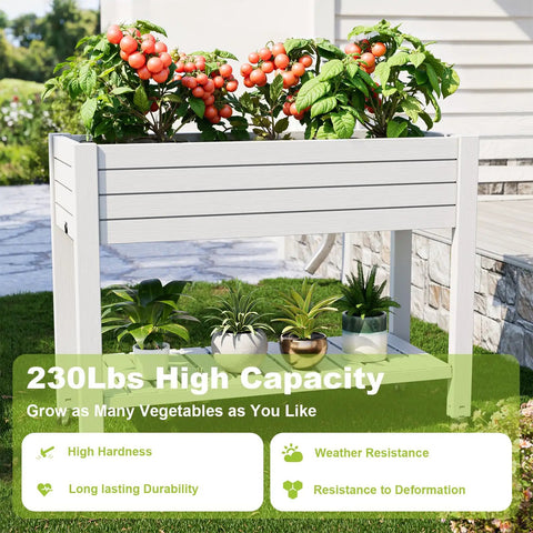 Elevated Raised Garden Bed With Locking Wheels, Large Resin Outdoor Planter Box Stand, shown with vegetables on top and plants below.