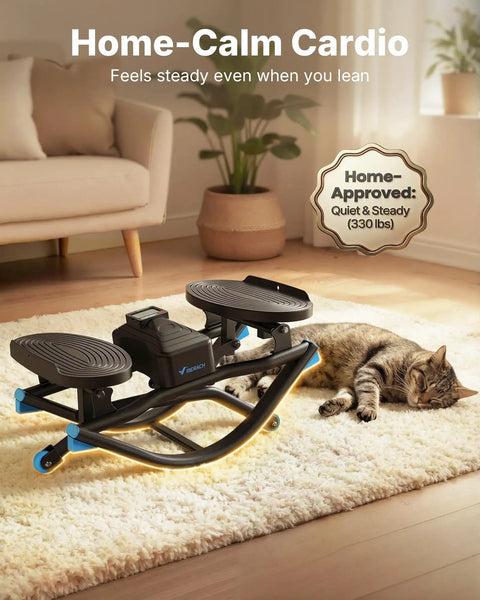 Smooth 3D Motion Rocking Stepper For Home Workouts Hits Different With Side To Side Action on a plush rug next to a sleeping cat.
