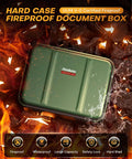 Bombproof Fireproof Document Box With Lock hard shell green case in flames demonstrating fireproof capabilities