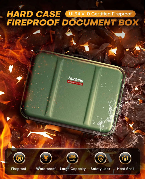 Bombproof Fireproof Document Box With Lock hard shell green case in flames demonstrating fireproof capabilities