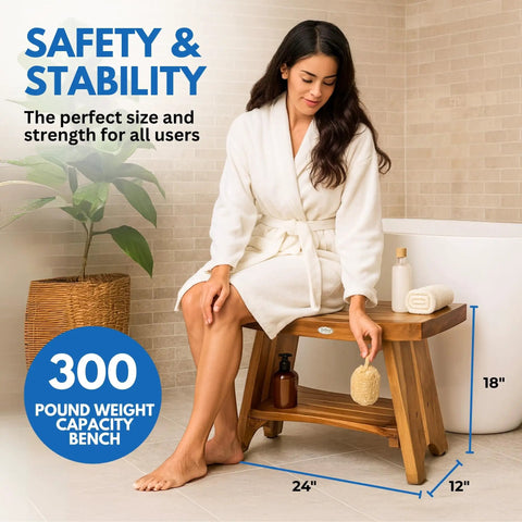 24 Inch Teak Shower Bench With Storage Shelf Waterproof Bathroom Seat For Adults And Seniors Spa Style Teak Wood Stool With Non Slip Feet Elegant Finish Supports Up To 300 Pounds