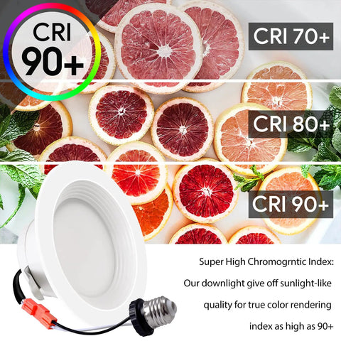 Color rendering comparison showing fruit slices with 10 Pack 660LM Dimmable LED Recessed Can Lights 4 Inch Downlight CRI 90+