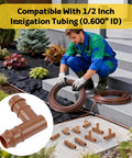 Gardener setting up drip irrigation with Drip Irrigation Barbed Elbow Fittings, 25 Pack, Half Inch Tubing, 90 Degree Corner Connectors