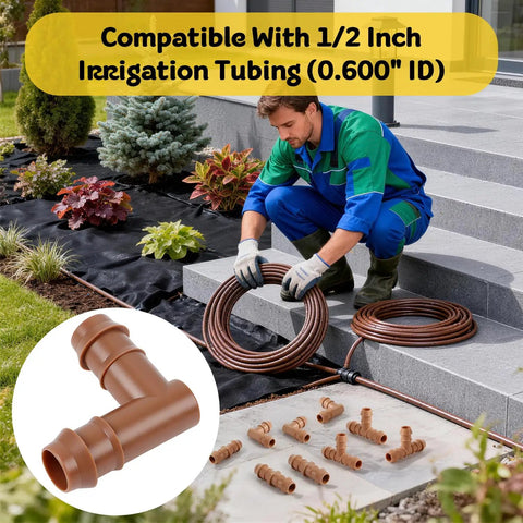 Gardener setting up drip irrigation with Drip Irrigation Barbed Elbow Fittings, 25 Pack, Half Inch Tubing, 90 Degree Corner Connectors