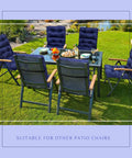 Six Pack Outdoor Patio Chair Cushions 20x40 Inch Waterproof All Weather Thickened Seat Pads for Rocking Deck Garden Furniture Navy Blue with Durable Stitching and Long Lasting Comfort installed on dining chairs outdoors.