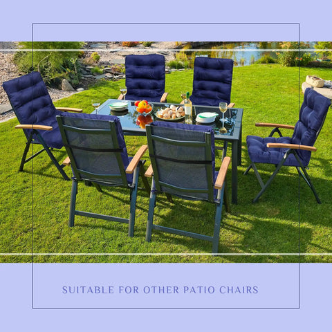 Six Pack Outdoor Patio Chair Cushions 20x40 Inch Waterproof All Weather Thickened Seat Pads for Rocking Deck Garden Furniture Navy Blue with Durable Stitching and Long Lasting Comfort installed on dining chairs outdoors.