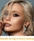 Woman wearing heavy earrings with Jumbo Earring Backs For Heavy Studs And Droopy Posts Replacement Secure Lifters.