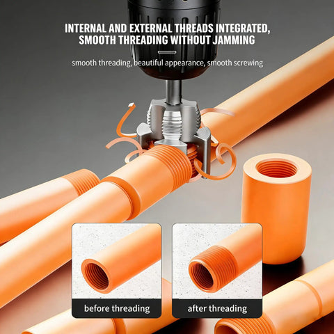 All In One PVC Pipe Threader Kit With Dual Internal And External Threading For Fast Pipe Prep Fits One Half Inch Three Quarter Inch And One Inch Pipe Sizes Heavy Duty Pipe Cutting Tool Set For Electric Drill showing threading process on orange PVC pipes