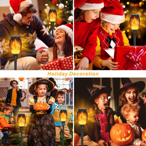 12 Pack Solar Torch Lights With Flickering Flame For Outdoor Decor Waterproof Garden And Pathway Lighting LED Flame Torches showcasing holiday decorations in festive scenes
