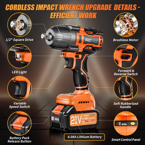 Beast Cordless Impact Wrench 900 Ft Lbs Torque One Half Inch Drive Brushless Power Tool with features labeled