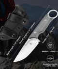 Cabox Fixed Blade Knife 3.35 Inch D2 Steel Blade with Micarta handle and sheath displayed with specifications.