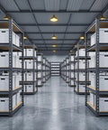 Beefy Five Tier Boltless Garage Shelving Unit With Extra Deep Shelves, 36 W By 16 D By 72 H Inches, Heavy Duty Steel Rack Supports Up To 570 Lbs Per Shelf 2850 Lbs Total, Perfect For Warehouse Basement Workshop Storage Black in warehouse aisle with white bins