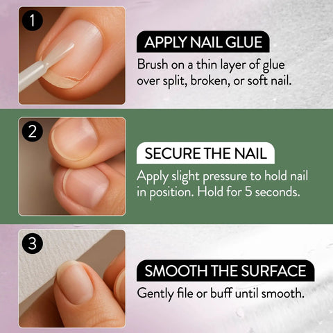 Application steps for 5 Second Brush On Nail Glue That Dries In A Snap For Press On Nails And Acrylics, 3 images, nail care tutorial