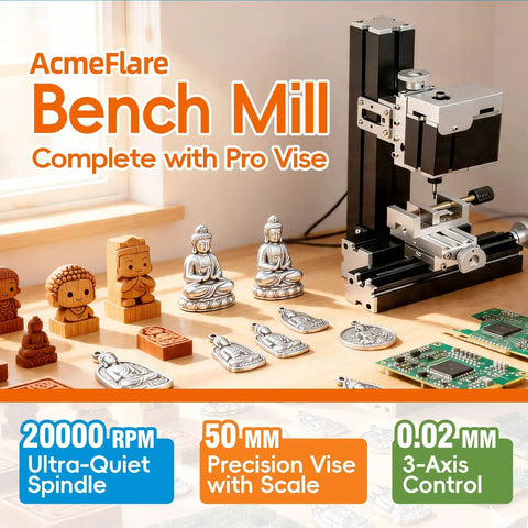 All Metal Mini Milling Machine Pro Grade Build 60W 20000 RPM 3 Axis DIY Vertical Mill with metal figures on a desk