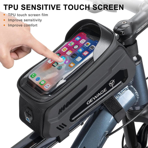 Bike Phone Mount Bag With 120 PSI Tire Pump And 14 In 1 Multitool Tire Lever All In One Trailside Repair Kit on bike