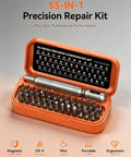 Knockout Precision Screwdriver Set Features Fifty Five Mini Bits Including Phillips Torx And Pentalobe For Phones Laptops Controllers Drones Eyewear And Electronics Plus A Slick Pocket Ready Storage Case You Can Easily Toss In Any Bag, showing 55 mini screwdriver bits in orange case.