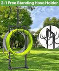 Heavy Duty Garden Hose Holder With Dual Side Hooks and Freestanding Shepherd Hook For Outdoors, holding coiled hose