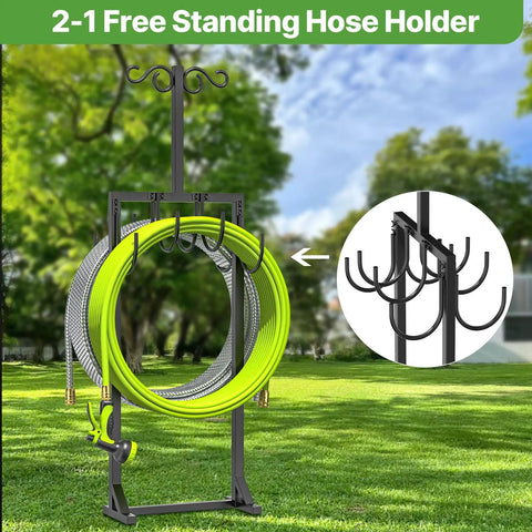 Heavy Duty Garden Hose Holder With Dual Side Hooks and Freestanding Shepherd Hook For Outdoors, holding coiled hose