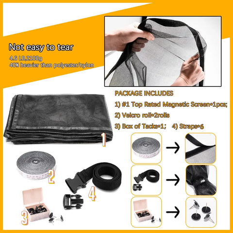 Hands Free Magnetic Garage Screen Door 16x7 Feet For Two Car Garages Fiberglass Mesh With Reflective Edge package contents