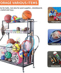 Go-To Heavy Duty Carbon Steel Sports Equipment Storage Cart With 2 Baskets And 2 Locking Wheels Large Mesh Bins full of sports equipment including balls and rackets