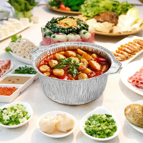Disposable Aluminum Pots With Lids 10 Pack 2 Liter Round Foil Pan Food Containers for meals with ingredients