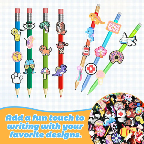 200 Pack Pencil Toppers and Charms Set, assorted colorful designs on pencils for classroom rewards and prizes