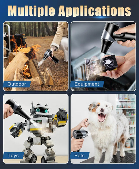 Usage of Cordless Air Duster with 310000 RPM Turbo Motor for outdoor, equipment, toy cleaning, and pet grooming
