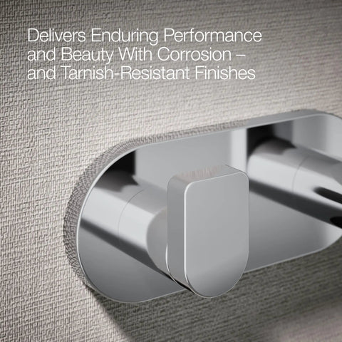 Close-up of Composed Double Robe Hook In Polished Chrome Finish, mounted on wall, showcasing corrosion-resistant surface