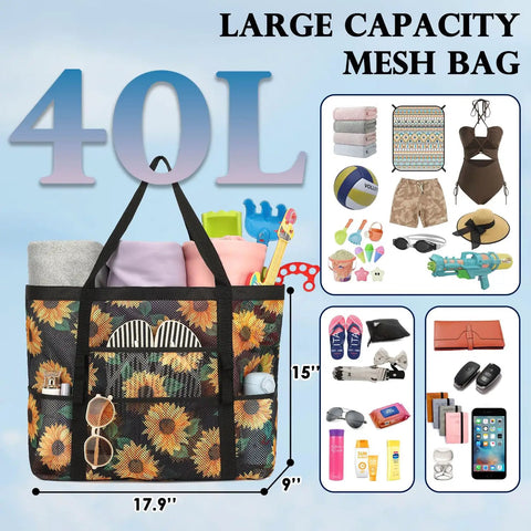 Huge Mesh Beach Bag For Women With Zipper Pocket Sandproof Pool Cruise Tote filled with items