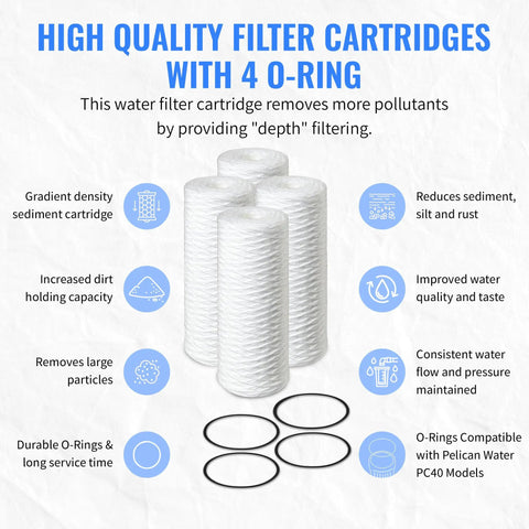 4 Pack Sediment Water Filter Cartridges with O Rings for Pelican PC40 Compatibility 5 Micron 10 Inch Whole House Replacement