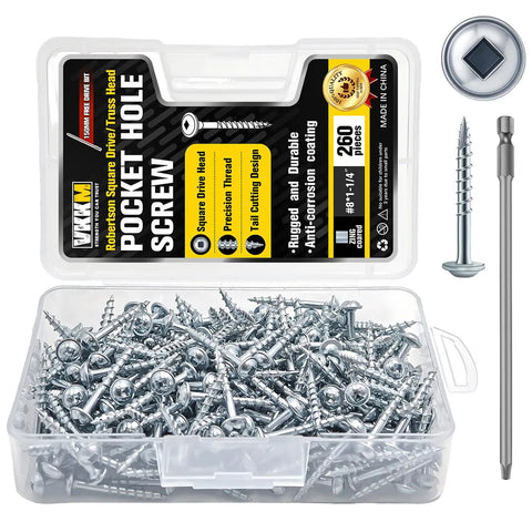 Pocket Hole Screws Kit 260 Pieces Carbon Steel Internal Square Drive Button Head Size Eight By One And Quarter Inch Zinc Coated Finish Includes Free 150mm Square Drive Bit In A Clear Storage Case For Easy Organization And Grab And Go