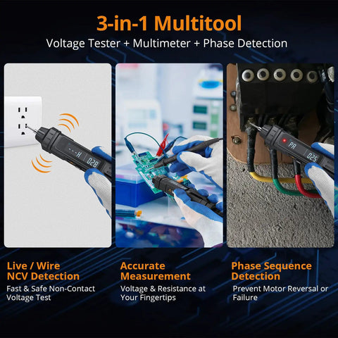 3 In 1 Pen Style Multimeter With Phase Sequence Detection And LCD Display demonstrating voltage test and phase detection in use