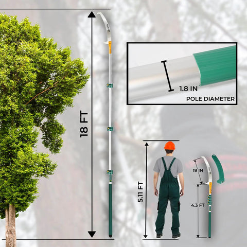 23ft Reach Tree Pruning Saw For Easy High Reach Yard Work No Ladder Needed Telescopic Manual Lightweight Extendable Pole Saw with diagram detailing pole dimensions and attached saw blade