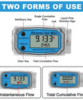 Display of Inline One Inch NPT Digital Turbine Flow Meter showing electronic fuel meter readings and functions for liquid measurement.